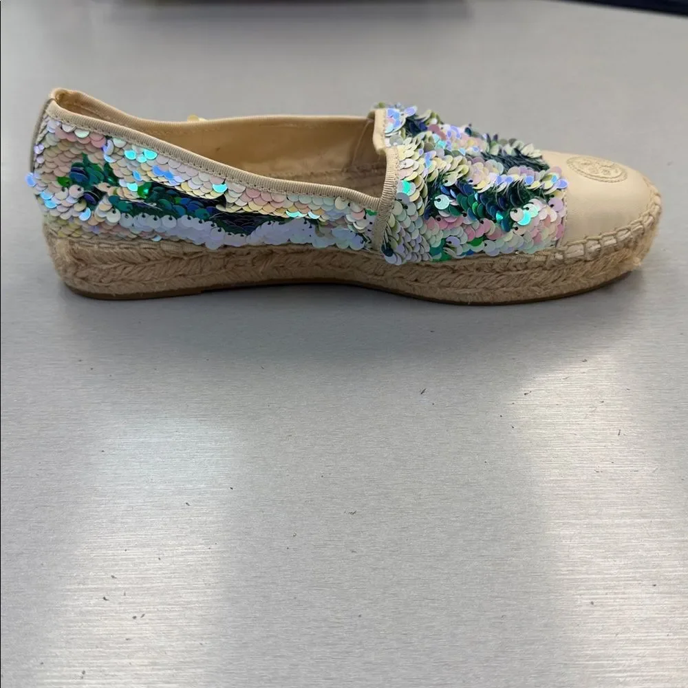 Tory Burch Green and Cream Sequin Espadrilles